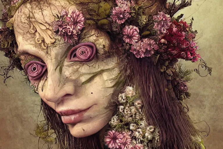 Image similar to beautiful and detailed rotten woman corpse with fractal plants and fractal flowers and mushrooms growing around, face muscles, veins, arteries, intricate, ornate, surreal, ray caesar, john constable, guy denning, dan hillier