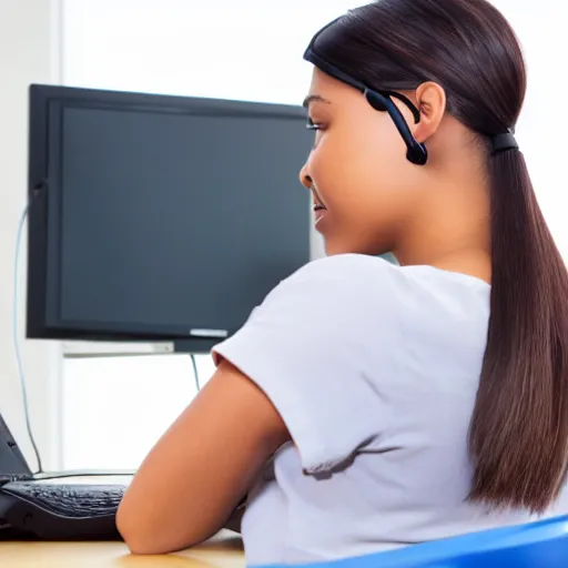 Prompt: usb cable plugged in, back of head, woman, computer