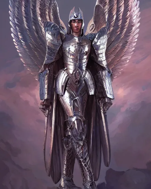 Prompt: The Archangel wearing armor made from bismuth. by Daryl Mandryk and Steve Argyle and Karol Bak and Viktoria Gavrilenko and Tom Bagshaw. Trending on CG society, Trending on artstation, character design, unreal engine.