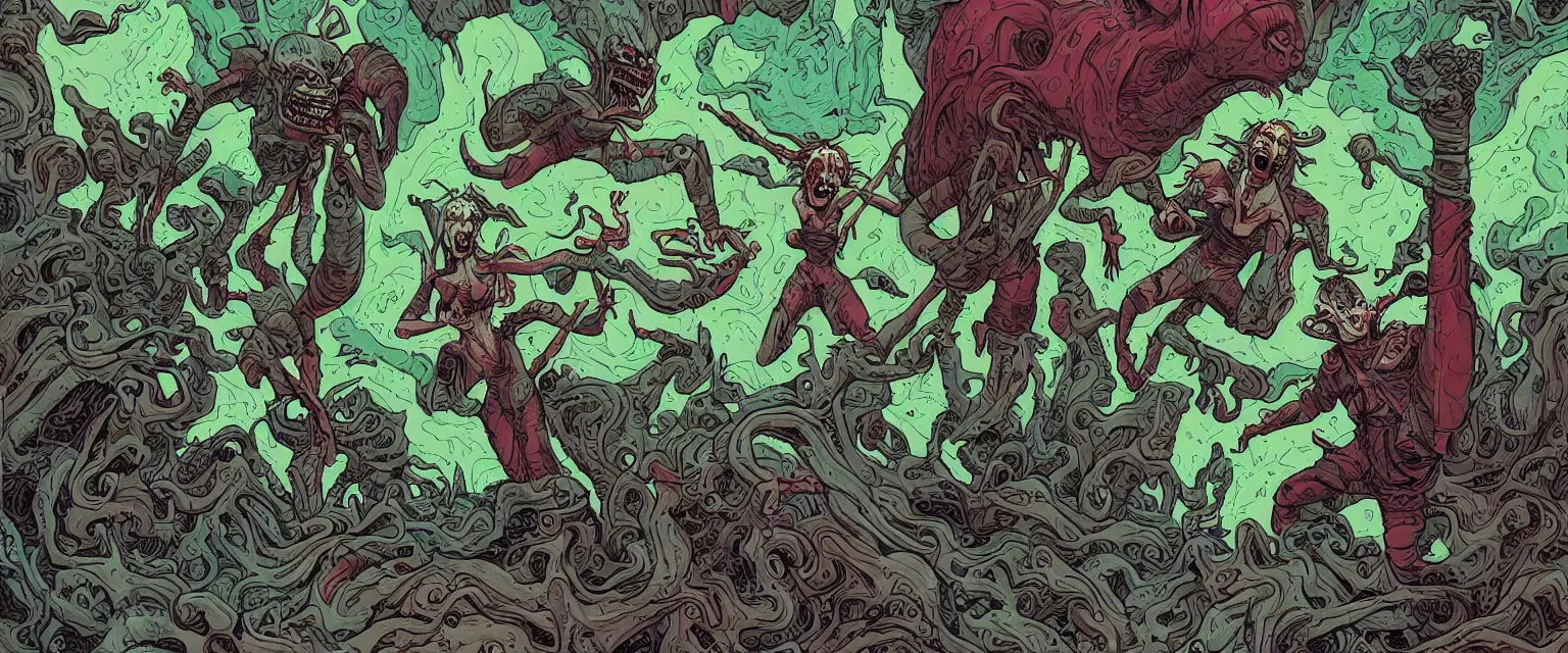 Prompt: woman screaming nightmare alien invasion attacking earth the end of the world, story illustration art green colors by james jean