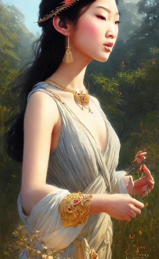 Image similar to a beautiful young charming asian goddess with sundress and jewelry | | winter, realistic shaded, unpleasant face, good looking, fine details, dior, lv, realistic shaded lighting poster by greg rutkowski, macoto takahashi, magali villeneuve, artgerm, jeremy lipkin and michael garmash