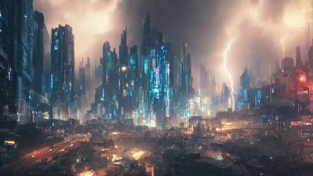 Prompt: a huge lightning strike destroying a dystopian city, cyberpunk, sharp focus, dynamic lights, still, photograph, hyper realistic, masterpiece, octane render, rendered, 3 d, cinematic, cinematic lighting, dramatic lighting, highly detailed, intricate details, texture, cinematic composition, wide shot, by donglu yu and kevin jick and eddie del rio