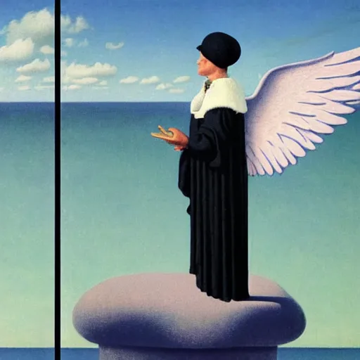 Image similar to An angel with jester hat and clothes on the front of a Balustrade with a beach on the background, major arcana cards, by Rene Magritte, hyperrealistic