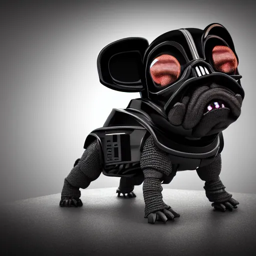 Image similar to 3 d rendered hyper realistic hyper detailed black pug droid wearing a pug - shaped darth vader helmet, octane render, blender, 8 k