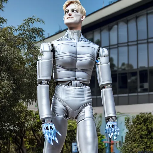 Image similar to a realistic detailed photo of a guy who is an attractive humanoid who is half robot and half humanoid, who is a male android, wrestler bo nickal, shiny skin, posing like a statue, blank stare, by the pool, on display, showing off his muscles, humanoid robot, frozen ice statue