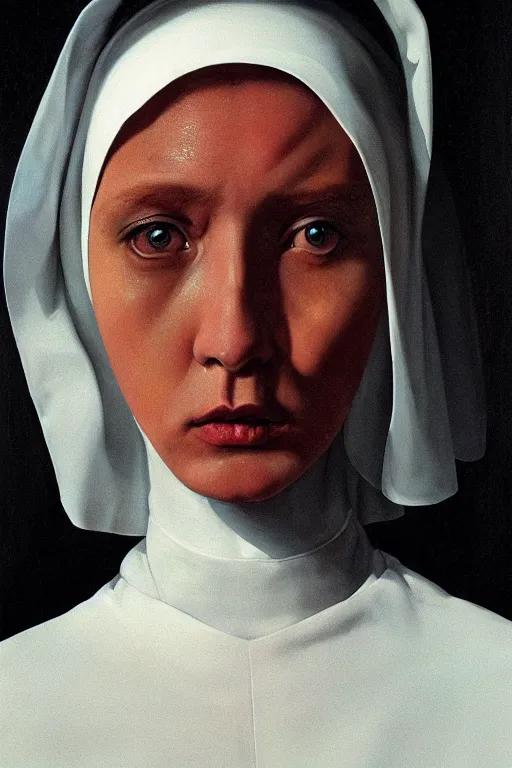 Prompt: hyperrealism oil painting, complete darkness background, view from above, close - up face portrait, nun fashion model, sad face, pale skin, in style of classicism mixed with 8 0 s sci - fi japanese books art