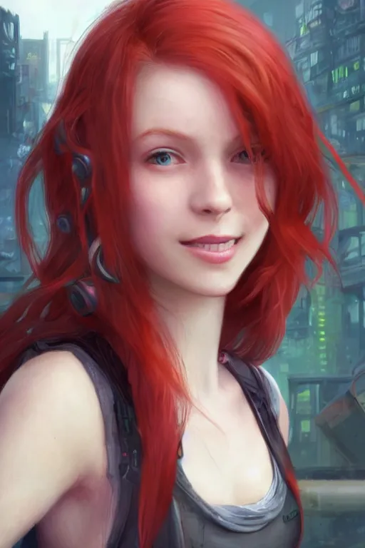 Prompt: beautiful cute red haired eighteen year old young girl standing up, casual green clothing, long hair, cyberpunk city, cute smiling face, rpg character, sci - fi, intricate, elegant, digital painting, artstation, concept art, smooth, 8 k frostbite 3 engine, ultra detailed, art by artgerm and greg rutkowski and magali villeneuve