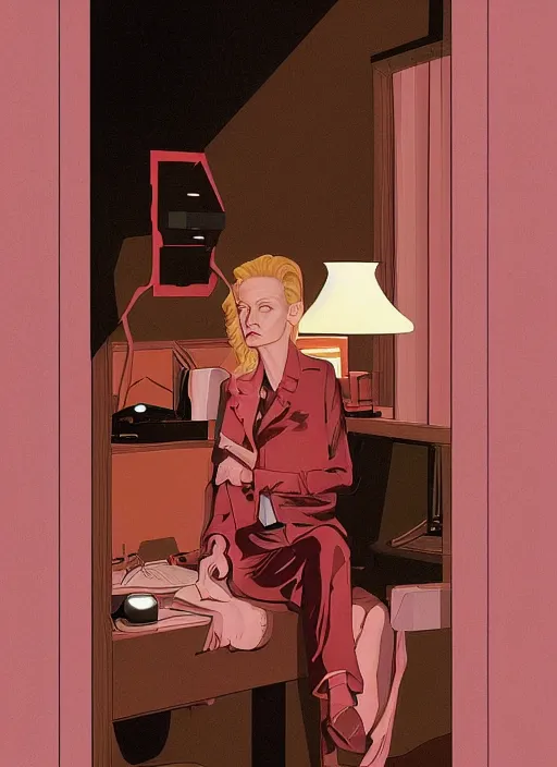 Image similar to Twin Peaks poster artwork by Michael Whelan, Bob Larkin and Tomer Hanuka, Karol Bak of portrait of radio host Tilda Swinton lounging in her radio sound booth, alone, late at night, from scene from Twin Peaks, simple illustration, domestic, nostalgic, from scene from Twin Peaks, clean, cover of New Yorker magazine