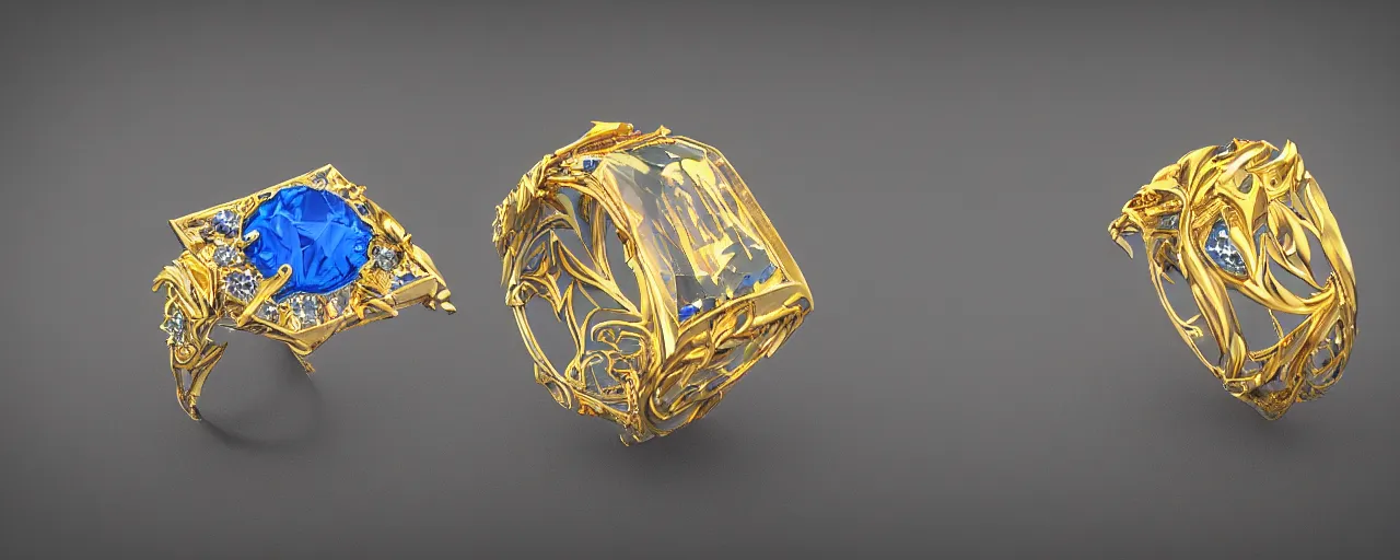 Image similar to simple golden magic crystal ring, radiant cut, ice, blue, gold, smooth shank, crystal, engravings, diamonds, product design, jewelry, colorful, art by gerald brom, greg rutkowski and artgerm, photo realism, unreal engine, c 4 d