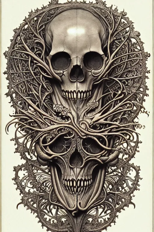 Image similar to art forms of nature by ernst haeckel, memento mori by arthur rackham, ornate antique porcelain beautiful skull mask, ultrasharp, photorealistic, hyperdetailed, octane render, polished, art nouveau, neo - gothic, gothic, intricate ornamental organic filigree, art nouveau botanicals, art forms of nature by ernst haeckel, horizontal symmetry, symbolist, visionary