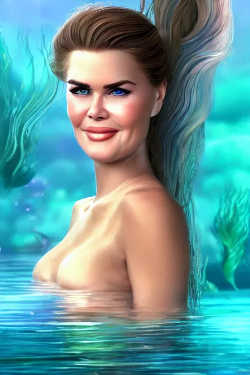 Image similar to mix of beautiful young maria shriver, mariel hemmingway, brooke shields, nicole kidman and elle macpherson as an underwater mermaid, thin lips, hair tied up in a pony tail, dark blonde hair, colorful, artstation, cgsociety