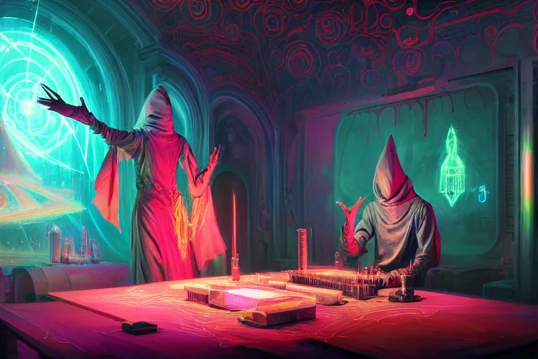 Image similar to a highly detailed beautiful masterpiece painting of a technomancer wizard in robes with pointed hood discussing sentience with his synthesized AI djinn in his laboratory near a computer by Remedios Varo and Anato Finnstark and Greg Rutkowski, dayglo pink, dayglo blue, dazzle camouflage, 8k, trending on ArtStation, rendered in Octane, volumetric lighting