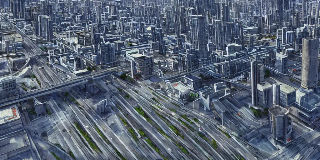 Image similar to drone view of a city with a large highway through, Brutalist architecture,sharp focus,telephoto lens,digital art,Tyler Edlin 4k