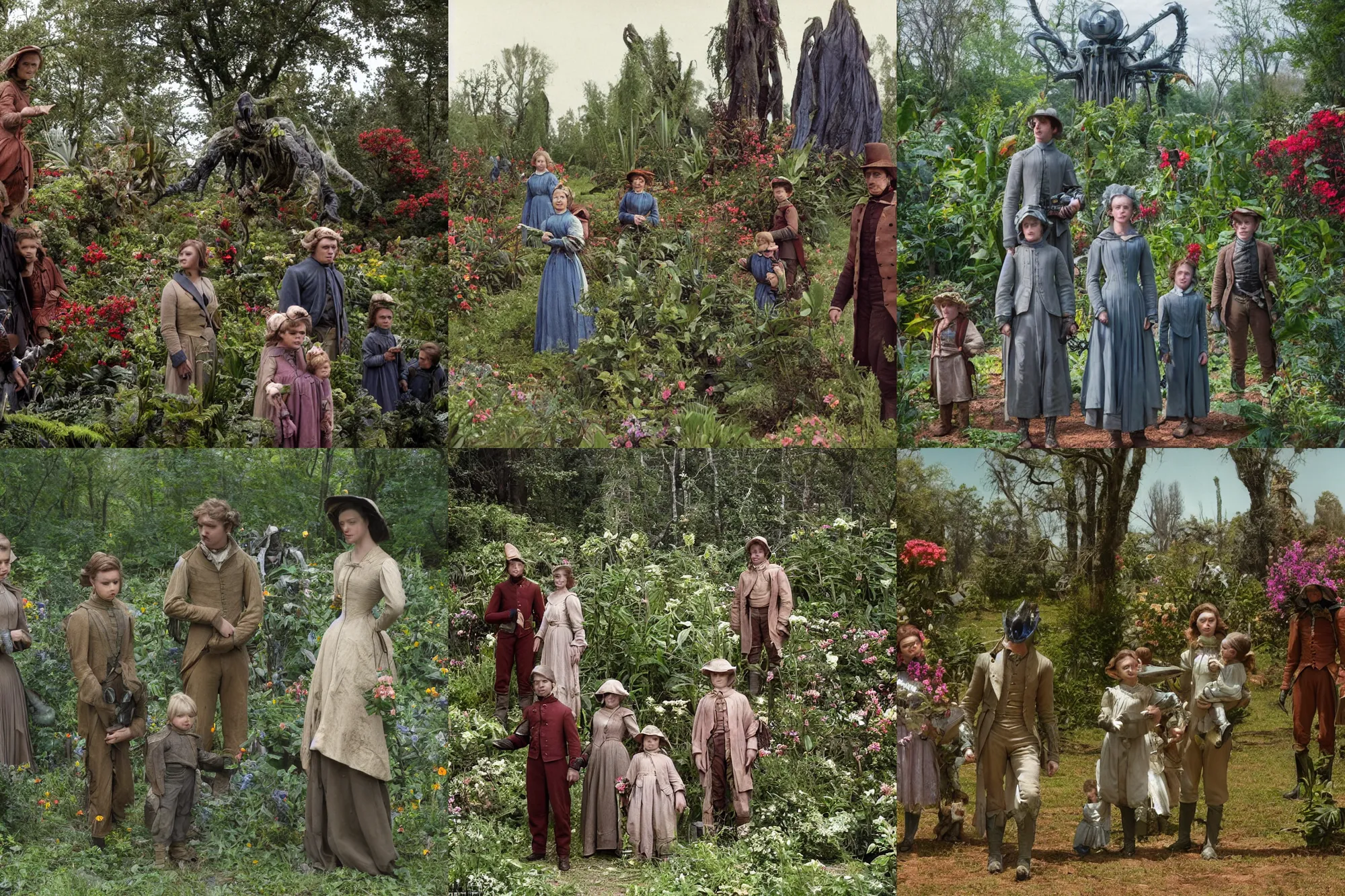 Prompt: sharp, highly detailed, 32768k film, 15750mm film still from a sci fi blockbuster color movie made in 2019, set in 1860, of a family standing in a park, next to some strange alien plants and flowers, on an alien planet, the family are all wearing 1860s era clothes, good lighting, good photography, in focus, 35mm macro lens