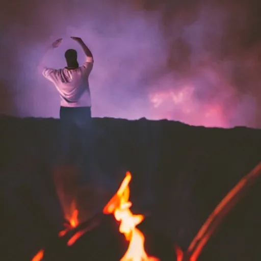 Image similar to a selfie of a guy making a peace sign while standing in a fire