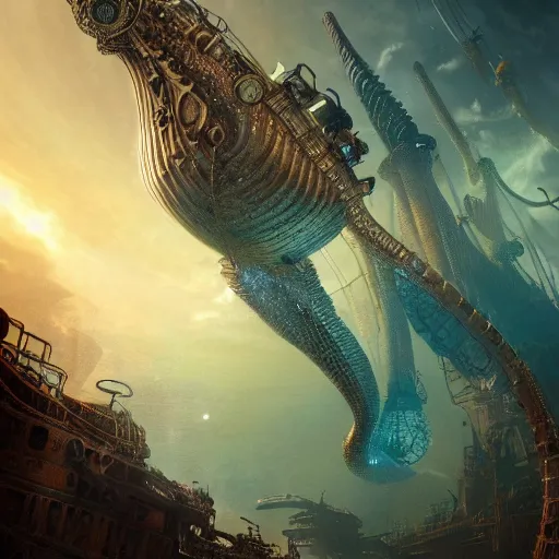 Prompt: a seafloor view of a giant seahorse swimming above the overpopulated steampunk sci-fi city of Atlantis by Cedric Peyravernay, highly detailed, full view of seahorse, excellent composition, cinematic concept art, rich dramatic lighting, trending on ArtStation