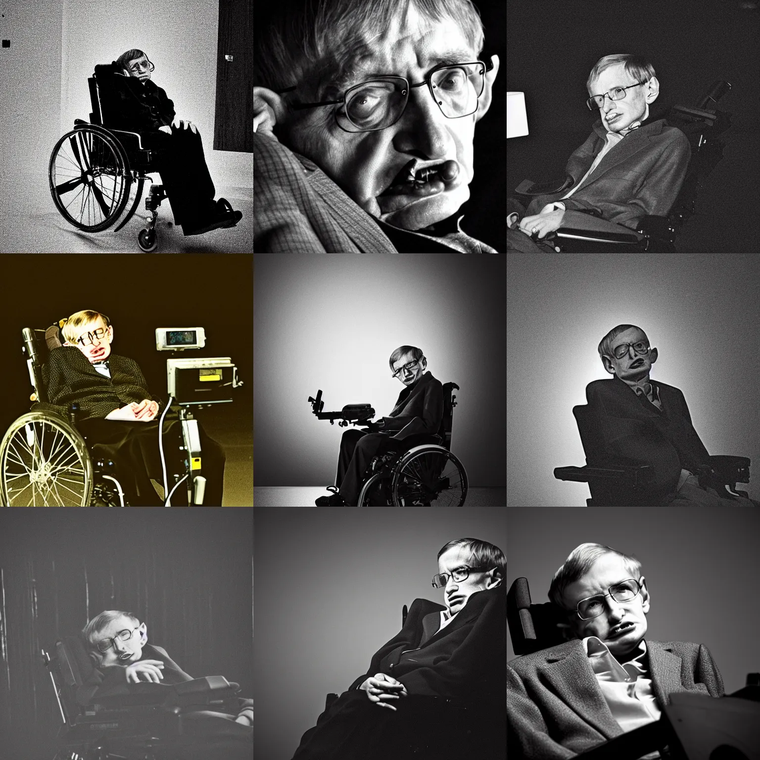 Prompt: photo of stephen hawking at night, telephoto long distance shot, nightvision, low light, vignetting, creepy, dark, atmospheric