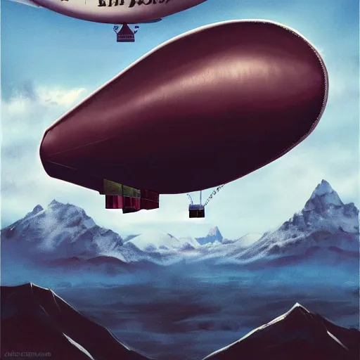 Prompt: a blimp in the sky above a snowy mountain, poster art by guillermo del toro, artstation, panfuturism, reimagined by industrial light and magic, official art, poster art