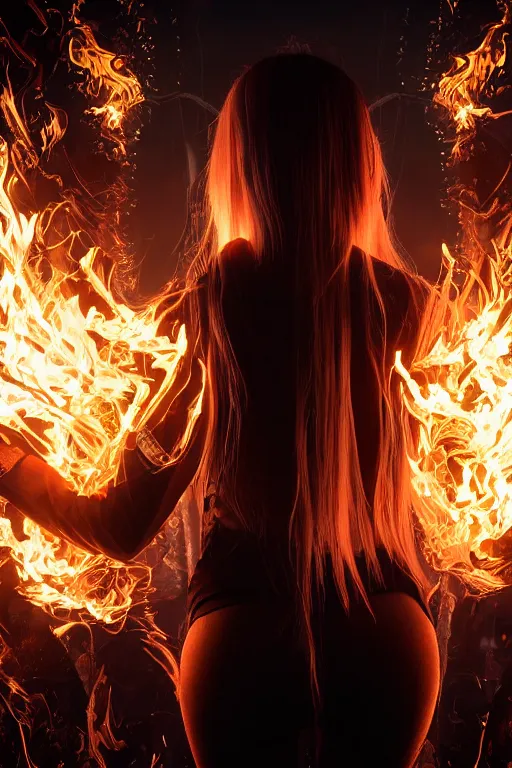 Prompt: beautiful young blonde woman from behind playing with flames coming out of her skin wearing a long matrix style jacket, realistic, high definition, many details, dramatic scene, symmetrical face, realistic eyes, cyberpunk art 2077