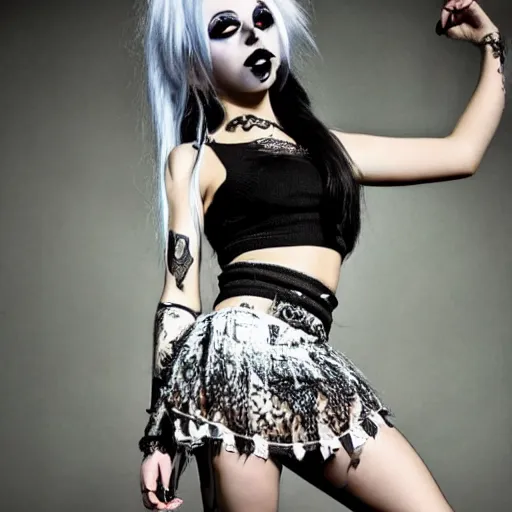 Image similar to kerli koiv goth girl in mini skirt and crop top, intricate, extremely detailed, modeling photography, teen