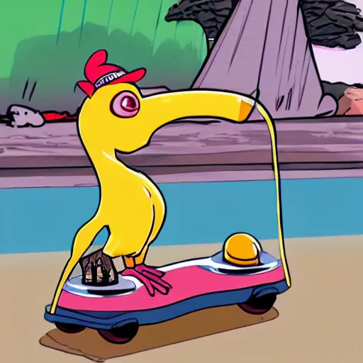 Image similar to a dodo wearing street clothes, a backwards ballcap and gold chain around its neck, on a hover board at a skate park at the beach, 1990s cartoon, anime style