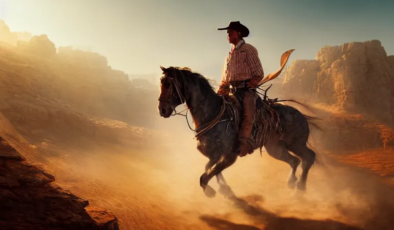 Image similar to cowboy ridding through the desert on a horse, sharp focus, intricate, elegant, digital painting, artstation, matte, highly detailed, concept art, illustration, volumetric lighting, bokeh light, art by greg olsen and liz lemon swindle