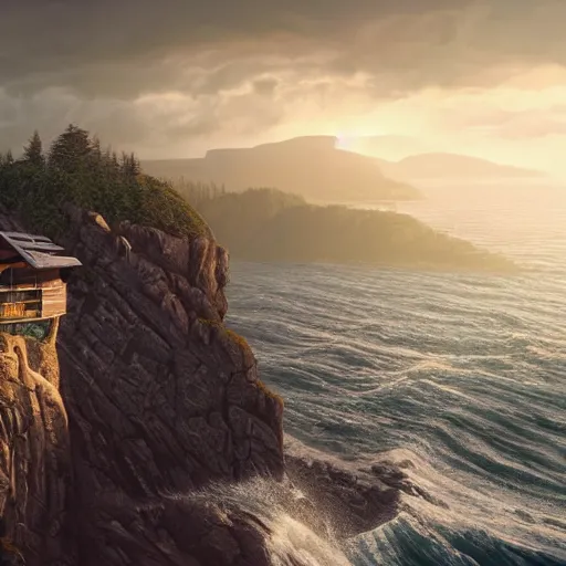 Prompt: a cozy cabin on top of a cliff, view of the ocean, huge waves beneath, dramatic lighting, artstation, matte painting, raphael lacoste, simon stalenhag, frank lloyd wright, zaha hadid, drone view