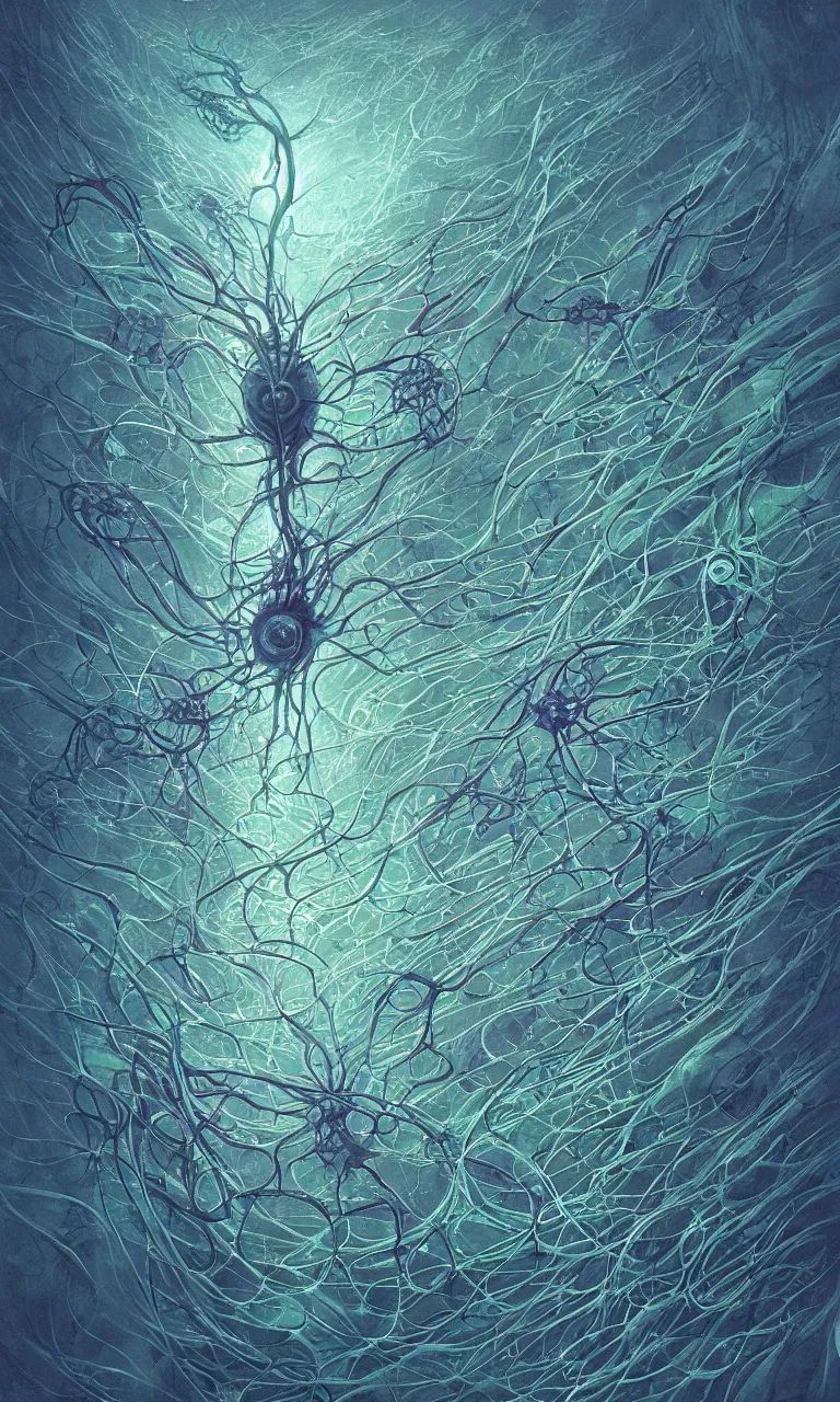 Image similar to internal lymphocyte virion rawandrendered synaptic fractality transmission embryonic beholder glial neurons cyberpunk nerve cells microscopic plankton by wojtekfus facey rossdraws. neuronal iridescent neuron synapse by beksinski. # imaginativerealism