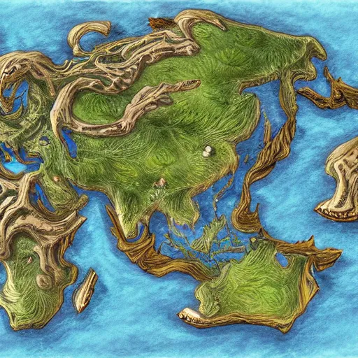 Image similar to map of a continent from a fantasy rpg setting, trending on artstation, art by james nalepa, extreme detail, digital artwork, no text