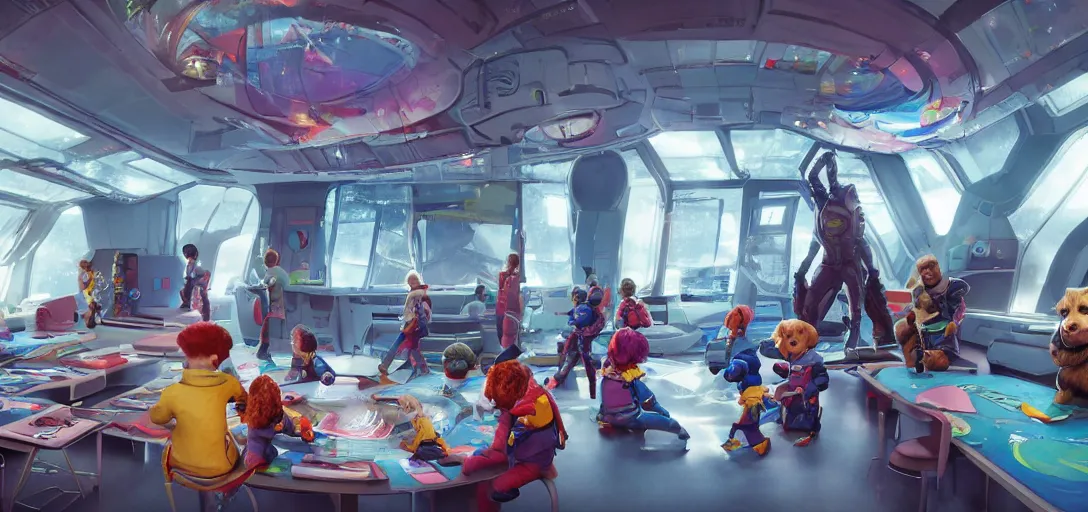 Prompt: kindergarten in a spacestation, big windows, happy children, intense sci-fi details, realism, stunning photo-quality, bright and happy, movie-quality, futuristic, technology, cinematic atmosphere, muted colours, guardians of the galaxy-style 4k, arnold render, trending on artstation, cgsociety,