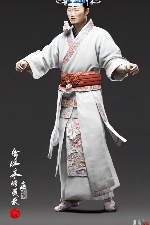 Image similar to a highly detailed epic character design of ancient chinese hansome young emperor, crown wearing white imperial robe strong, full body, background is ancient chinese architecture ， clouds, by chen uen, yoji shinkawa 8 k