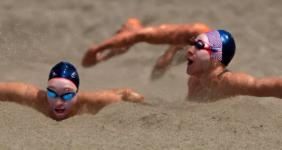 Image similar to olympic swimming in sand instead of water, extremely coherent, motion blur