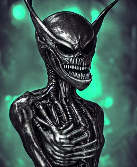 Image similar to xenomorph queen goth supermodel skull eyes hybrid, dragon eggs, dark emerald mist colors, giger background liminal void, cinematic lighting, realistic, award winning photograph, various refining methods, micro macro autofocus