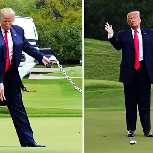 Prompt: photo of trump with handcuffs on his hands, being taken from his golf course to an fbi car