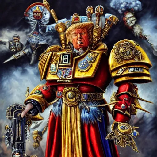 Image similar to donald trump as the god emperor of mankind, warhammer 4 0 k universe, immense detail, by john blanche