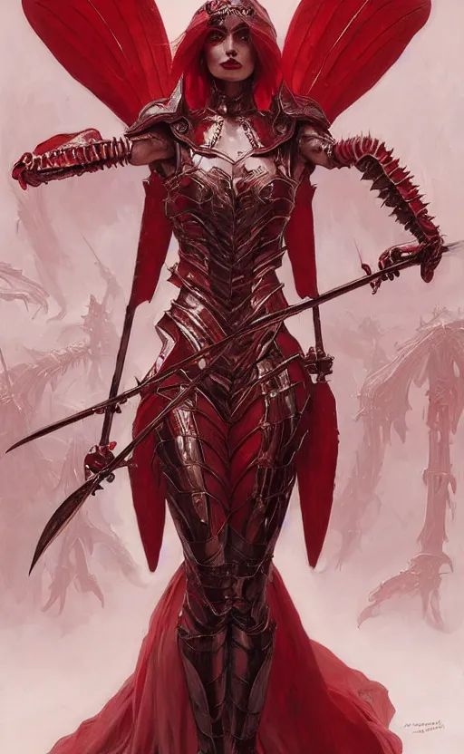 Image similar to Gothic crustacean warrior queen in red and white chitin armor, fantasy, highly detailed, digital painting, artstation, concept art, smooth, sharp focus, illustration, art by artgerm and greg rutkowski and alphonse mucha