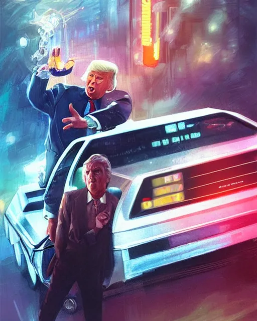 Image similar to donald trump in a flying delorean with doc emmet brown posing for the camera, neon lights, portrait, illustration, rim light, top light, perfectly shaded, spring time, slight overcast lighting, soft painting, art by krenz cushart and wenjun lin