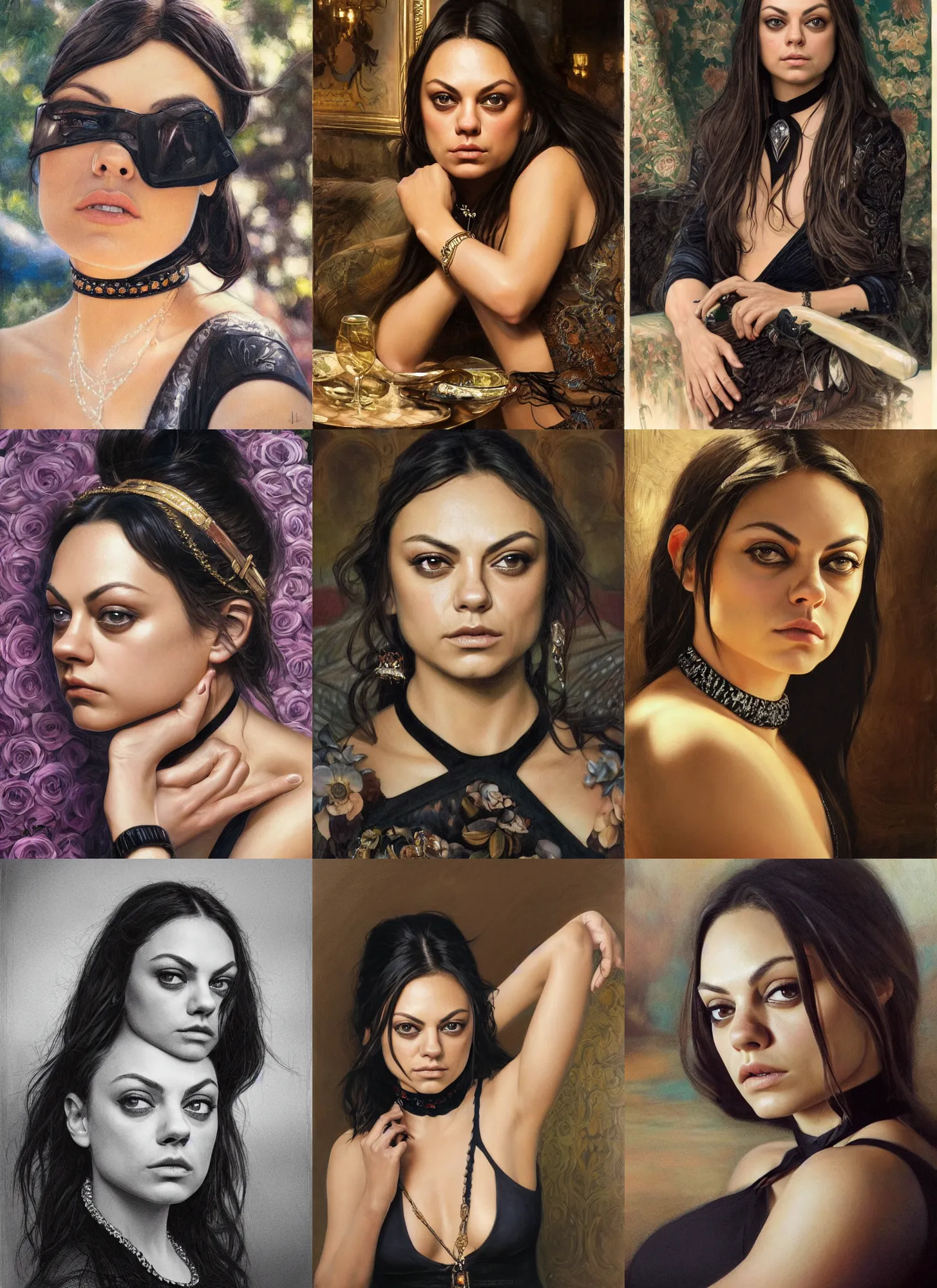 Prompt: mila kunis sitting across the camera wearing a black choker staring into the camera, point of view, expensive restaurant, intricate, elegance, highly detailed, shallow depth of field, artgerm, donato giancola, joseph christian leyendecker