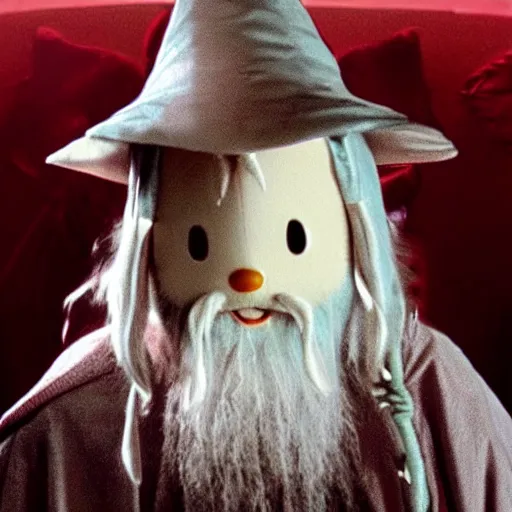 Image similar to portrait of laughing Gandalf dressed up as hello kitty, movie still from Lord of the Rings