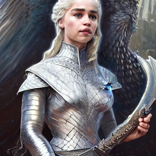 Image similar to A painting of Daenerys Targaryen wearing a intricate silver armor and holding Excalibur ,by by Stanley Artgerm Lau, Greg Rutkowski, Thomas Kinade ,Alphonse Mucha, Loish, Norman Rockwell ,trending on artstation , rule of thirds ,HD 4k , focus face , body