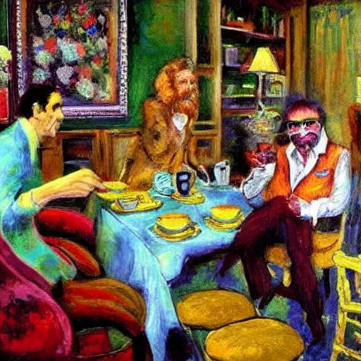 Prompt: frank zappa having a tea party with the queen and elton john, impressionist style,