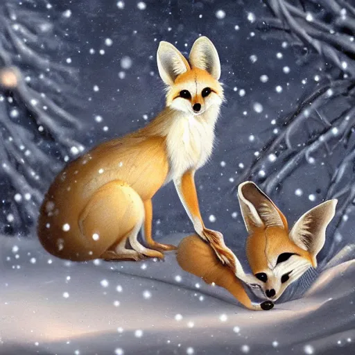 Image similar to Baroque painting of a cute fennec fox in a winter wonderland, artstation, exquisite detail