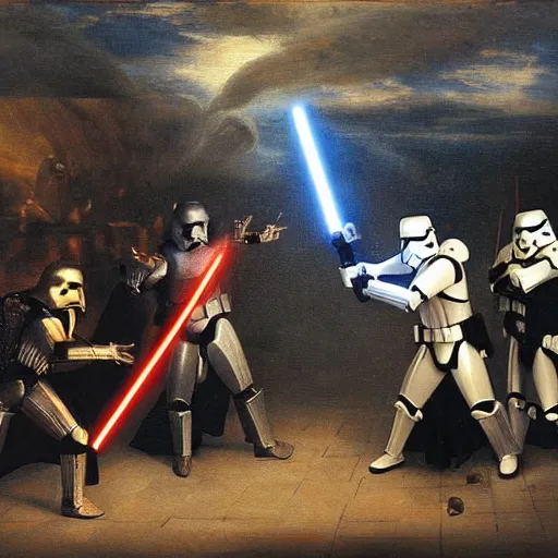 Prompt: starwars battle, epic illumination, laser, robots. Velazquez style painting