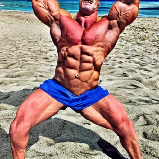 Image similar to muscular clown flexing at the beach