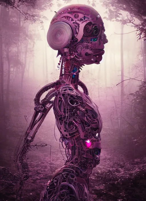 Image similar to a small psychedelic surreal horror cyborg in the chaotic spirit forest, bizarre conceptual art, filmic, fulcolor octane reminder, cinematic, ultra - realistic