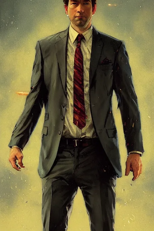 Image similar to gta jim halpert john krasinski profile picture by greg rutkowski, the office, dynamic pose, intricate, futuristic, fantasy, elegant, by stanley artgerm lau, greg rutkowski, thomas kindkade, alphonse mucha, loish, norman rockwell, fantasy lut, asymmetric, long hair, retro computer graphics, video game, fluid lines,