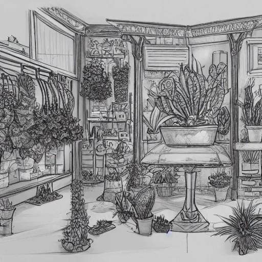 Image similar to annotated highly, detailed and intricate, sketch of a room full of plants, marker concept art style rendering, concept art, half blueprint, trending on artstation, intricate details, center frame, annotations