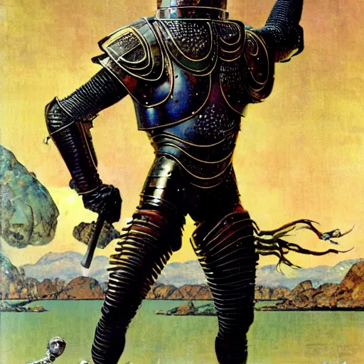 Image similar to dynamic portrait of a monstrous ten foot tall scifi warrior clad in plate metal armour, by norman rockwell and boris vallejo