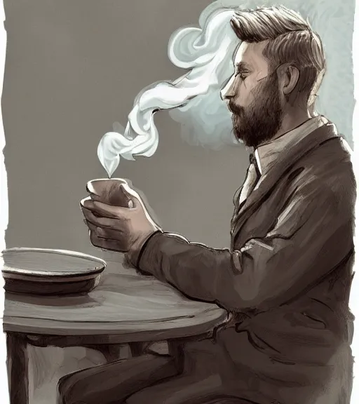 Image similar to Portrait of Antti Kervinen drinking coffee, in the park, charchoal drawing, dimly lit, wispy smoke, intricate, highly detailed, digital painting, artstation, concept art, sharp focus, illustration, art by einar jonsson