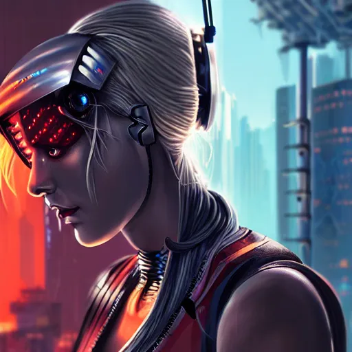 Image similar to Side view of a cyborg demon blond in cyberpunk headset and helmet on the street of a cyberpunk city, sci-fi, fantasy, intricate, very very beautiful, elegant, highly detailed, digital painting, artstation, concept art, smooth, sharp focus, illustration, art by Josan Gonsales